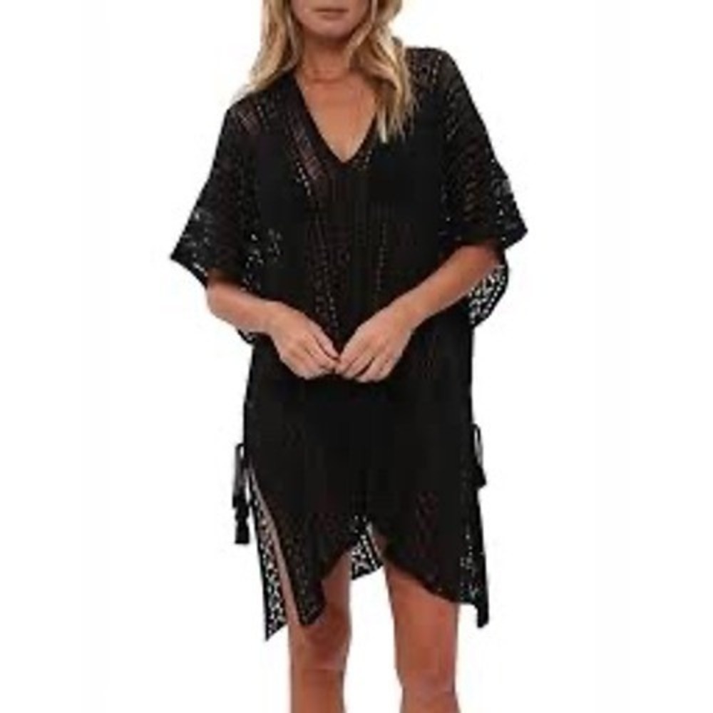 LA Class Crochet Swim Cover Up Women S/M Black Excellent‎ Boho Tassel Kaftan